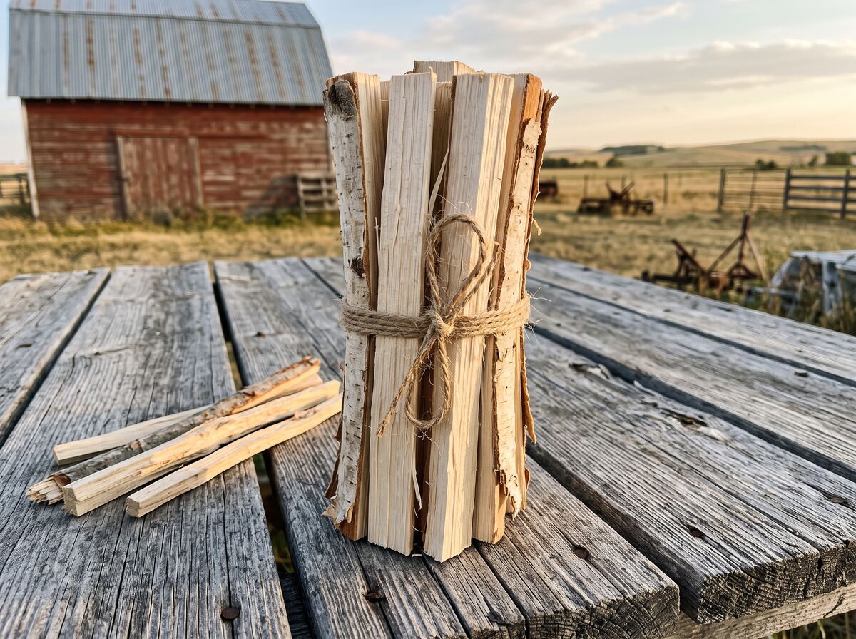 A bundle of dry split kindling tied with twine, standing on weathered barn boards with a barn and open pasture behind