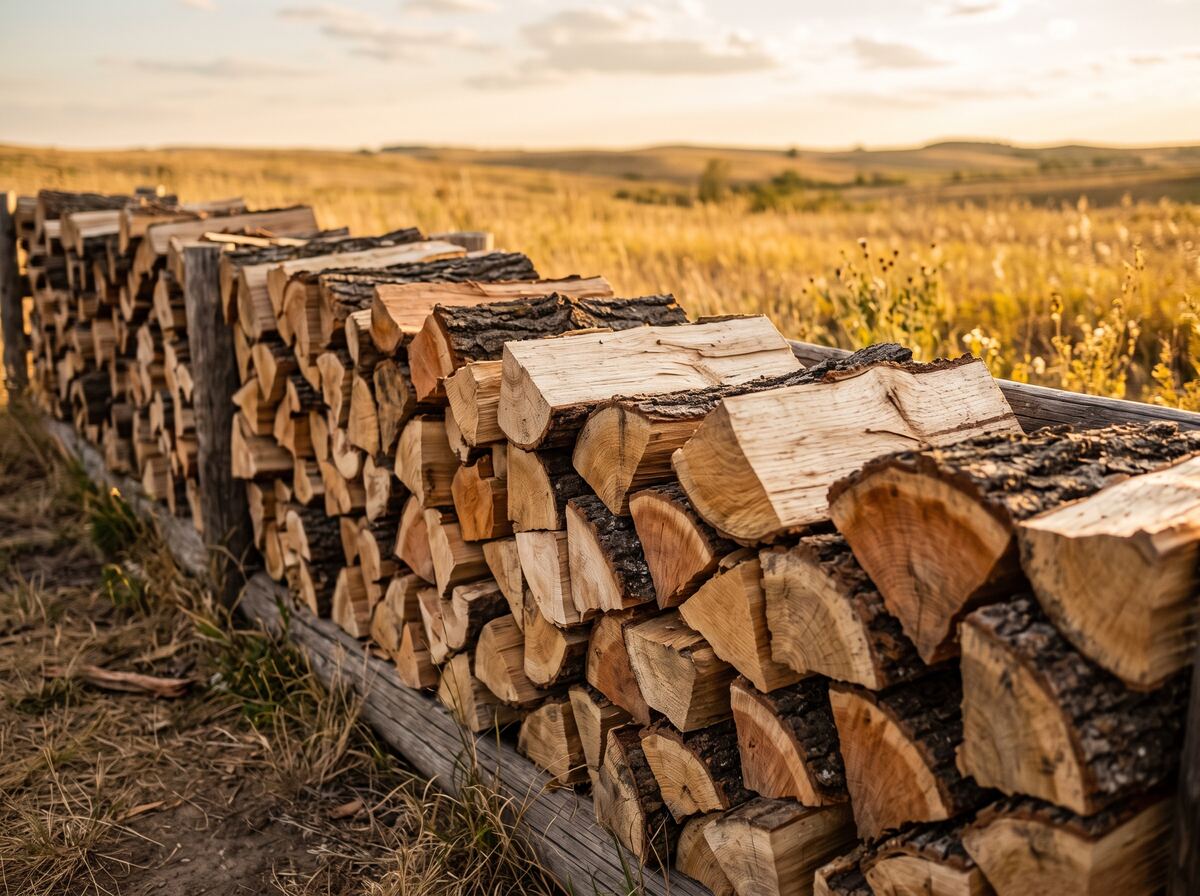 A long rick of split mixed hardwood stacked in a prairie field at golden hour, pale split faces turned outward