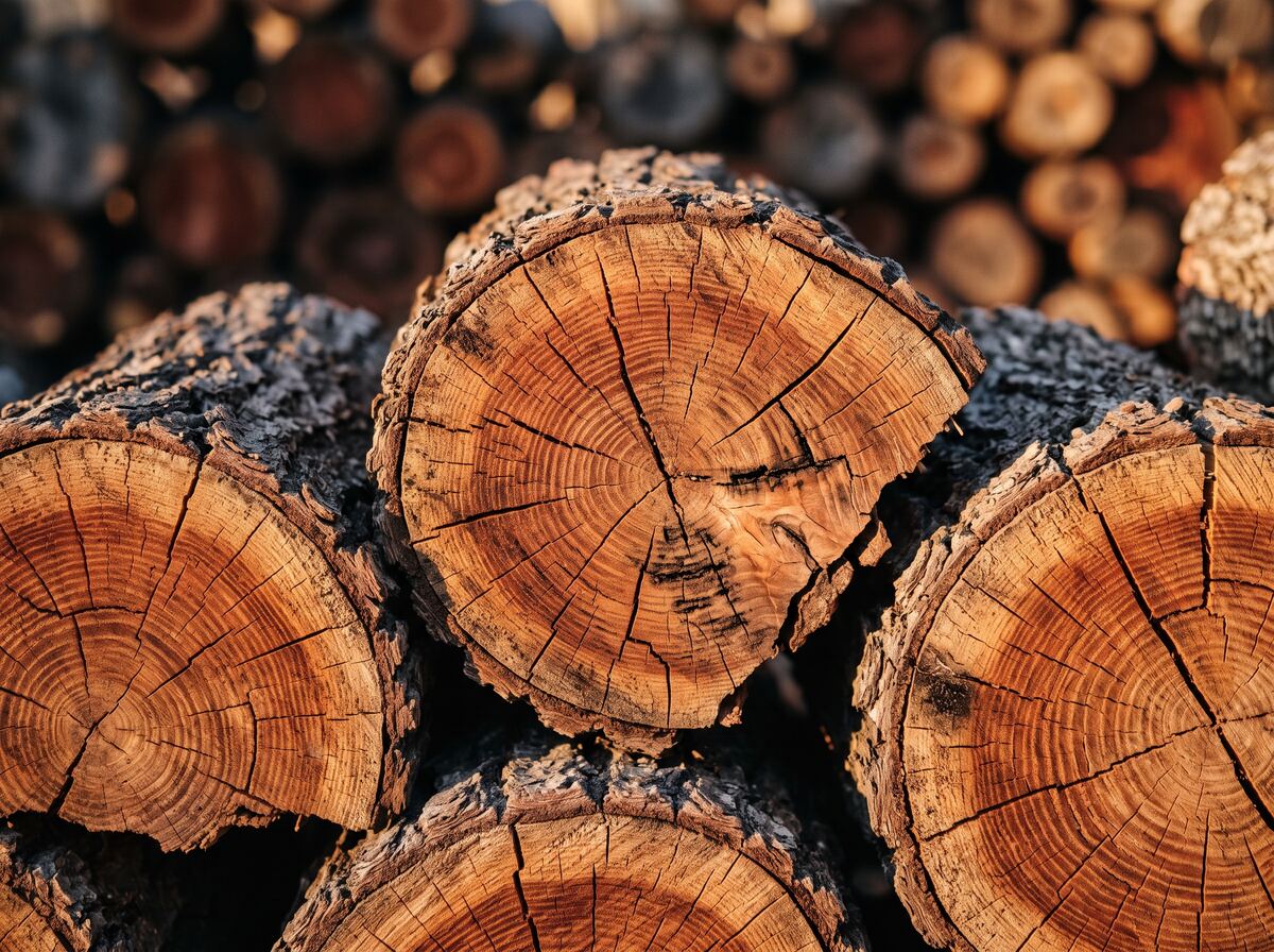 Close-up of seasoned split oak, the end grain checked and cracked from months of air drying