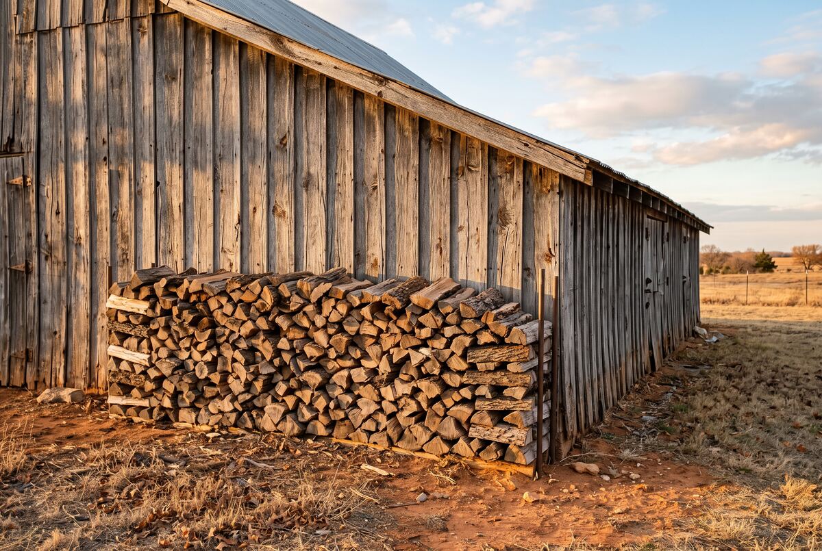 Split oak stacked in a long, square rick against the weathered board wall of a plains barn